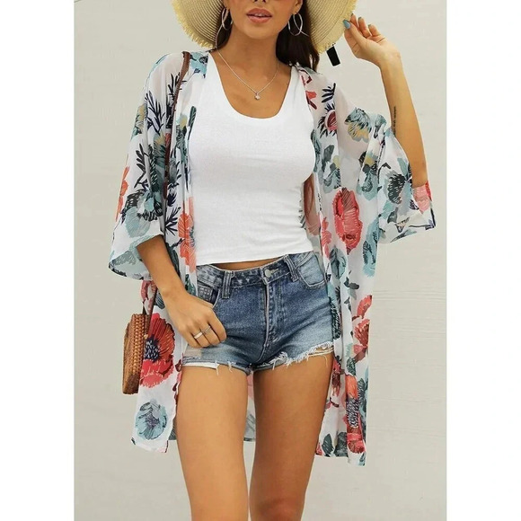 ❤️Women White Summer Cardigan Beach Open Front Swimsuit Cover Up Casual  Shirt - Picture 2 of 6
